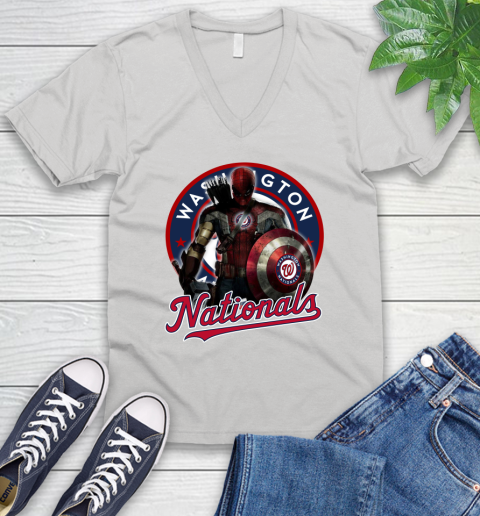 MLB Captain America Thor Spider Man Hawkeye Avengers Endgame Baseball Washington Nationals V-Neck T-Shirt
