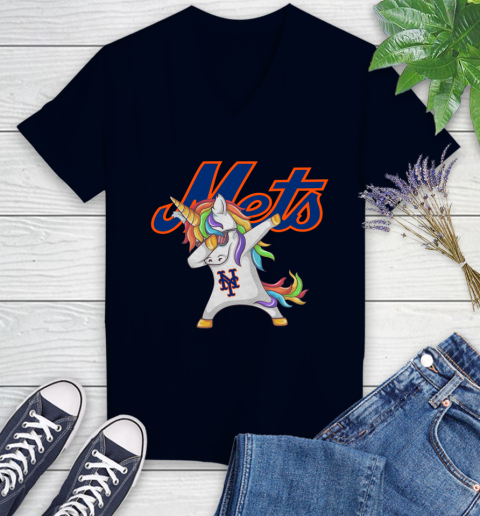 New York Mets MLB Baseball Funny Unicorn Dabbing Sports Women's V-Neck T-Shirt 3