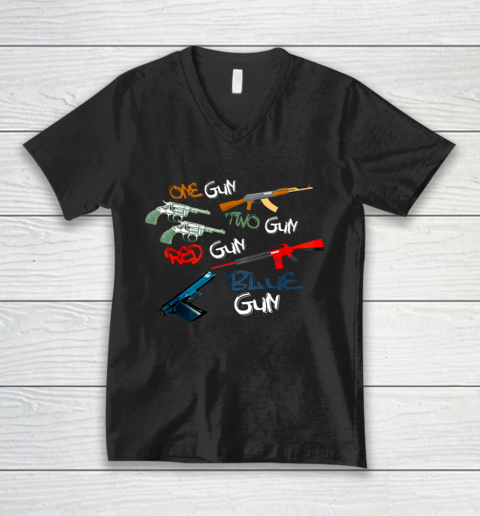 One Gun Two Gun Red Gun Blue Gun Funny V-Neck T-Shirt