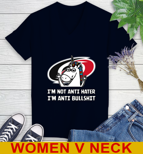 Carolina Hurricanes NHL Hockey Unicorn I'm Not Anti Hater I'm Anti Bullshit Women's V-Neck T-Shirt 3