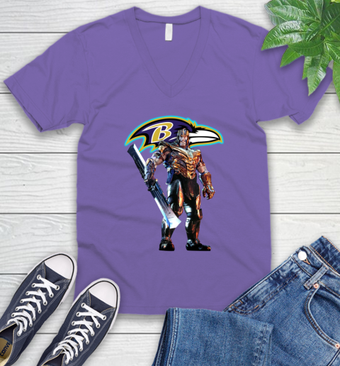 NFL Thanos Gauntlet Avengers Endgame Football Baltimore Ravens V-Neck T-Shirt 10