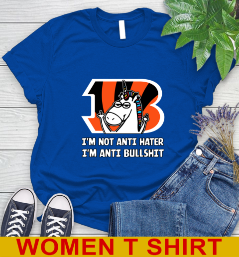 Cincinnati Bengals NFL Football Unicorn I'm Not Anti Hater I'm Anti Bullshit Women's T-Shirt 9