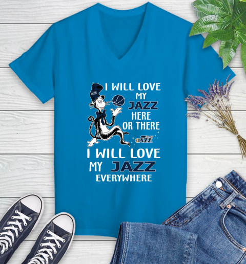 NBA Basketball Utah Jazz I Will Love My Jazz Everywhere Dr Seuss Shirt Women's V-Neck T-Shirt 5