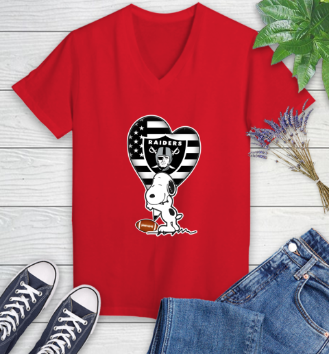 Oakland Raiders NFL Football The Peanuts Movie Adorable Snoopy Women's V-Neck T-Shirt 12