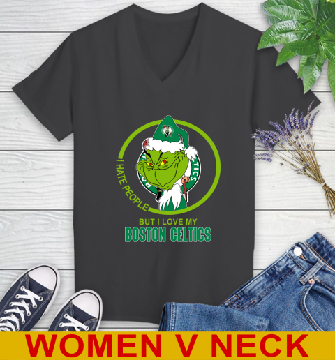 Boston Celtics NBA Christmas Grinch I Hate People But I Love My Favorite Basketball Team Women's V-Neck T-Shirt 9
