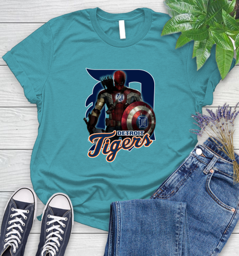 MLB Captain America Thor Spider Man Hawkeye Avengers Endgame Baseball Detroit Tigers Women's T-Shirt 12