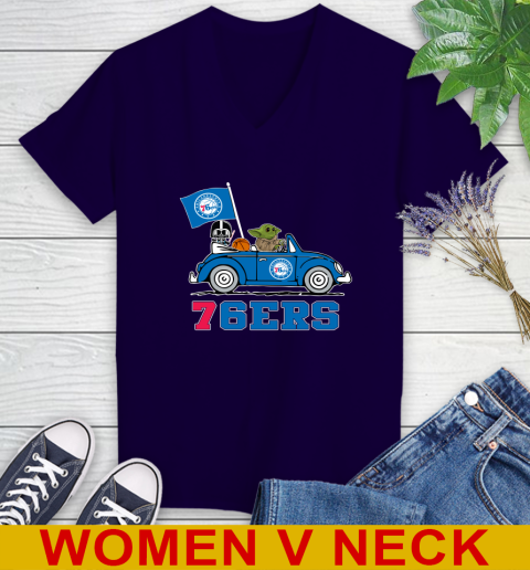 NBA Basketball Philadelphia 76ers Darth Vader Baby Yoda Driving Star Wars Shirt Women's V-Neck T-Shirt 4
