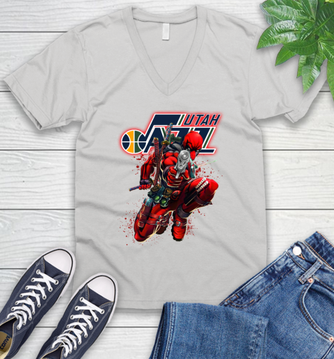 NBA Deadpool Marvel Comics Sports Basketball Utah Jazz V-Neck T-Shirt