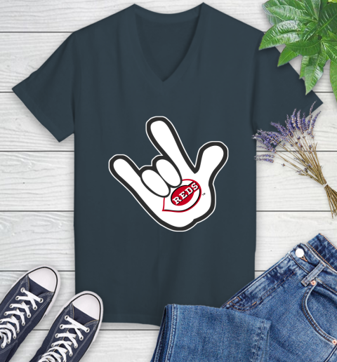 Cincinnati Reds MLB Baseball Mickey Rock Hand Disney Women's V-Neck T-Shirt 8