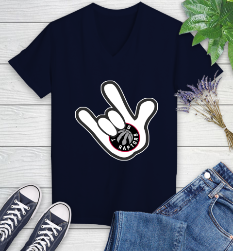 Toronto Raptors NBA Basketball Mickey Rock Hand Disney Women's V-Neck T-Shirt 3
