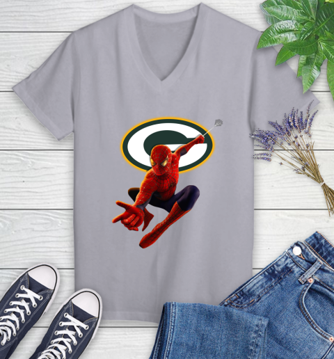 NFL Spider Man Avengers Endgame Football Green Bay Packers Women's V-Neck T-Shirt 4