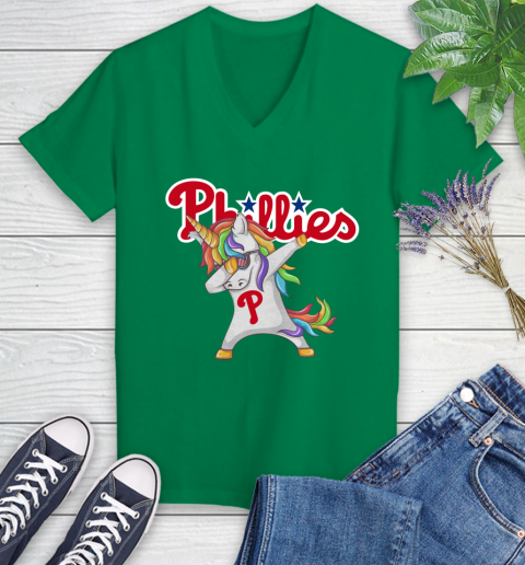 Philadelphia Phillies MLB Baseball Funny Unicorn Dabbing Sports Women's V-Neck T-Shirt 5