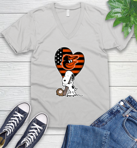 Baltimore Orioles MLB Baseball The Peanuts Movie Adorable Snoopy V-Neck T-Shirt