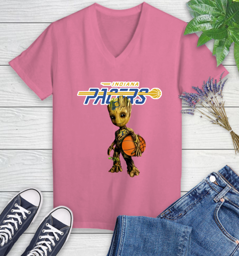 Indiana Pacers NBA Basketball Groot Marvel Guardians Of The Galaxy Women's V-Neck T-Shirt 13