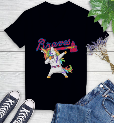 Atlanta Braves MLB Baseball Funny Unicorn Dabbing Sports Women's V-Neck T-Shirt 2