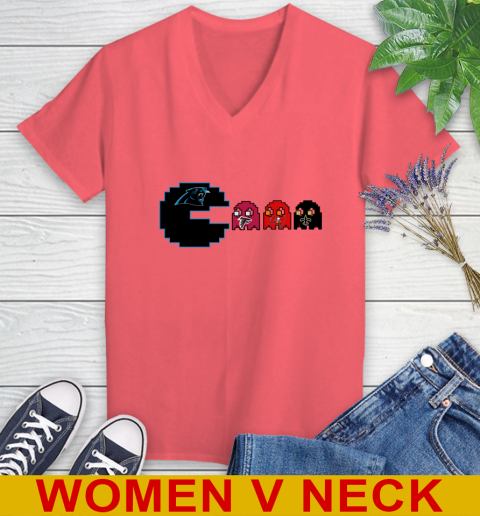 Carolina Panthers NFL Football Pac Man Champion Women's V-Neck T-Shirt 7
