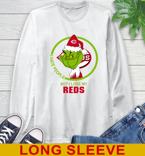 Cincinnati Reds MLB Christmas Grinch I Hate People But I Love My Favorite Baseball Team Long Sleeve T-Shirt
