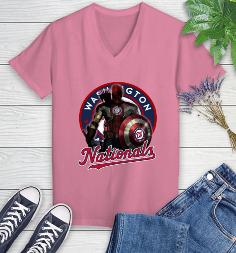 MLB Captain America Thor Spider Man Hawkeye Avengers Endgame Baseball Washington Nationals Women's V-Neck T-Shirt 13