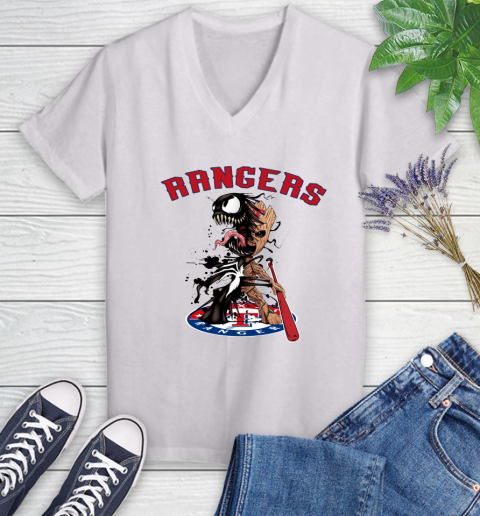 MLB Texas Rangers Baseball Venom Groot Guardians Of The Galaxy Women's V-Neck T-Shirt
