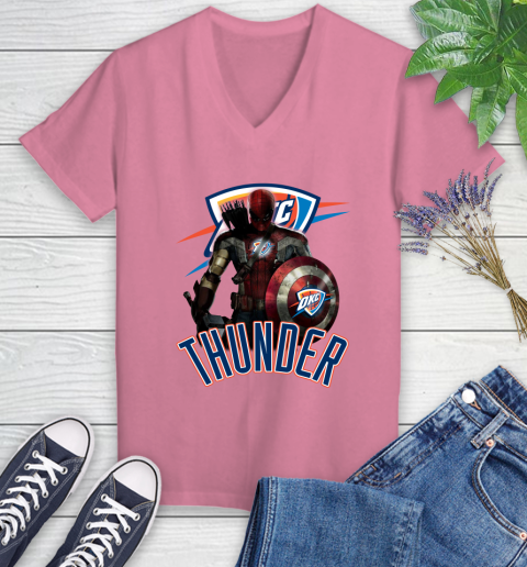 Oklahoma City Thunder NBA Basketball Captain America Thor Spider Man Hawkeye Avengers Women's V-Neck T-Shirt 13