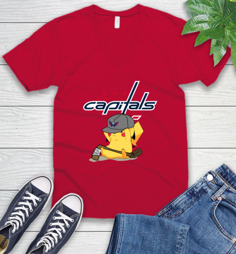 NHL Pikachu Hockey Sports Washington Capitals V-Neck T-Shirt 7