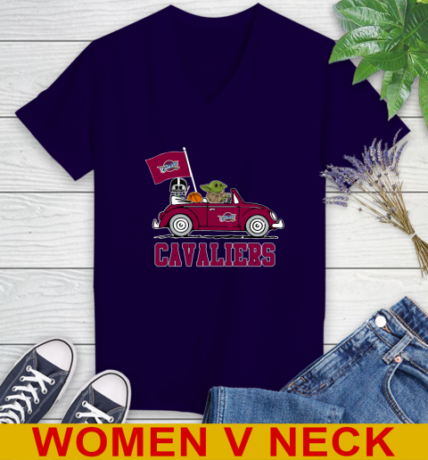 NBA Basketball Cleveland Cavaliers Darth Vader Baby Yoda Driving Star Wars Shirt Women's V-Neck T-Shirt 4