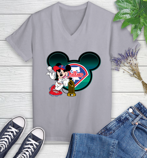 MLB Philadelphia Phillies The Commissioner's Trophy Mickey Mouse Disney Women's V-Neck T-Shirt 4