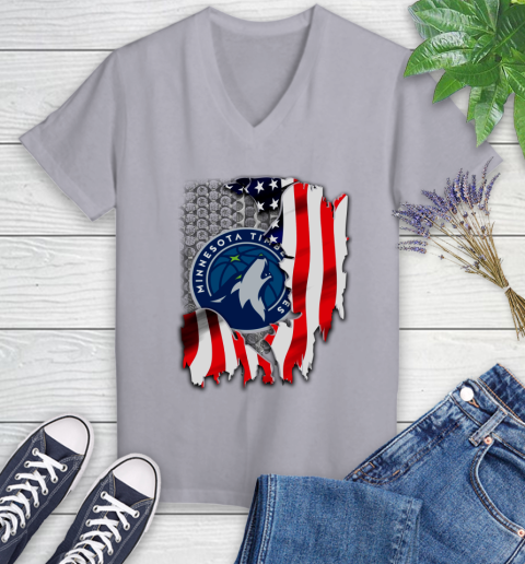 Minnesota Timberwolves NBA Basketball American Flag Women's V-Neck T-Shirt 4