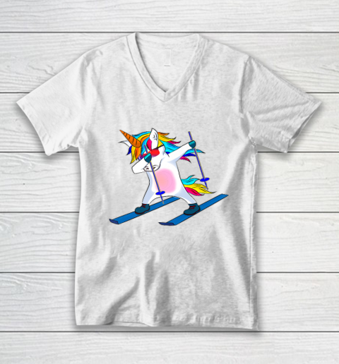 Skiing Unicorn Dabbing Funny Gift V-Neck T-Shirt 2