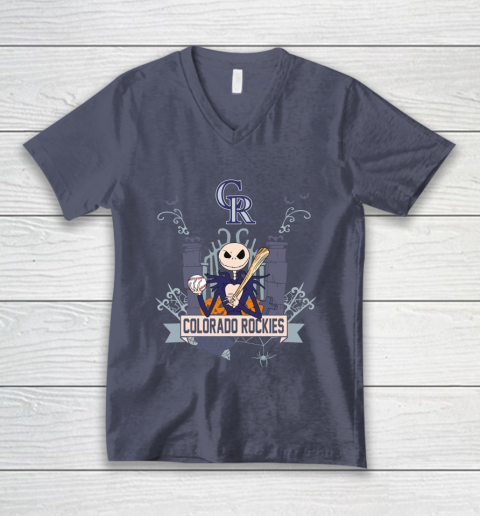 MLB Colorado Rockies Baseball Jack Skellington Halloween V-Neck T-Shirt 7