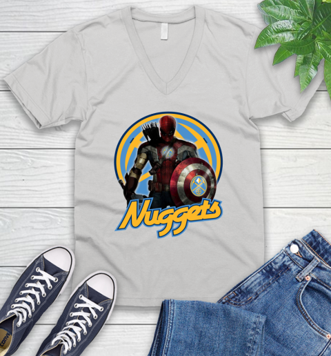 Denver Nuggets NBA Basketball Captain America Thor Spider Man Hawkeye Avengers V-Neck T-Shirt