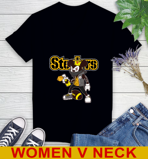 Pittsburgh Steelers NFL Football Mickey Peace Sign Sports Women's V-Neck T-Shirt 2