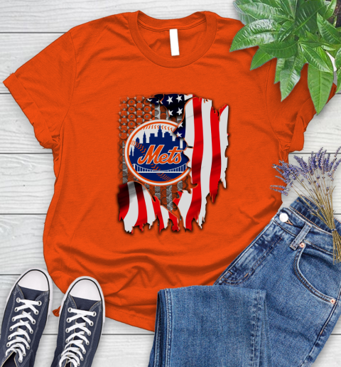 New York Mets MLB Baseball American Flag Women's T-Shirt 3