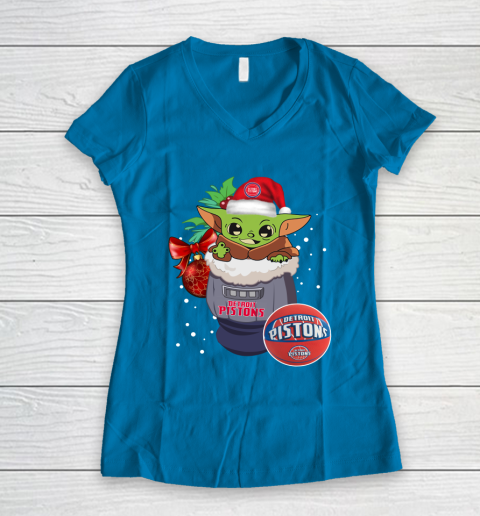 Detroit Pistons Christmas Baby Yoda Star Wars Funny Happy NBA Women's V-Neck T-Shirt 7