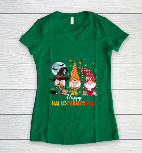 Gnomes Halloween And Merry Christmas Happy Hallothanksmas Women's V-Neck T-Shirt 3