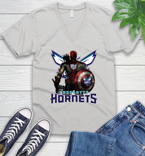 Charlotte Hornets NBA Basketball Captain America Thor Spider Man Hawkeye Avengers V-Neck T-Shirt