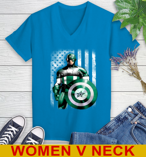 Dallas Stars NHL Hockey Captain America Marvel Avengers American Flag Shirt Women's V-Neck T-Shirt 7