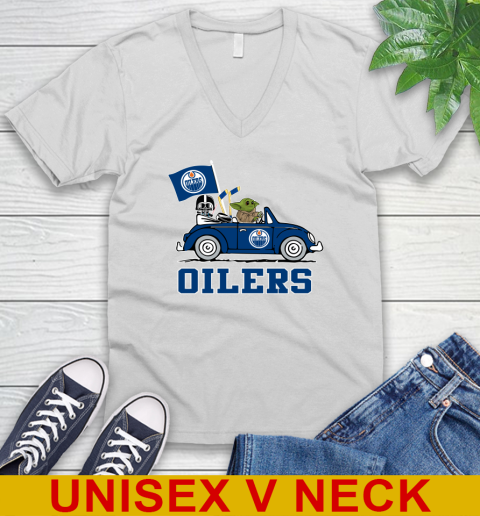 NHL Hockey Edmonton Oilers Darth Vader Baby Yoda Driving Star Wars Shirt V-Neck T-Shirt