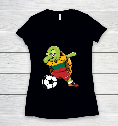 Dabbing Turtle Lithuania Soccer Fans Jersey Flag Football Women's V-Neck T-Shirt
