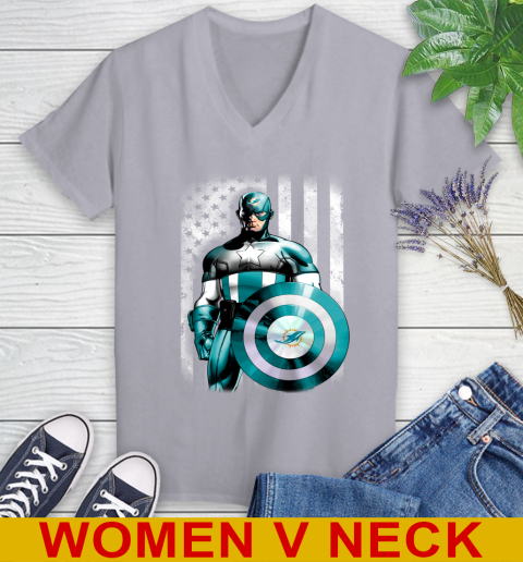 Miami Dolphins NFL Football Captain America Marvel Avengers American Flag Shirt Women's V-Neck T-Shirt 4