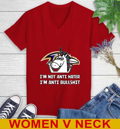 Baltimore Ravens NFL Football Unicorn I'm Not Anti Hater I'm Anti Bullshit Women's V-Neck T-Shirt 12