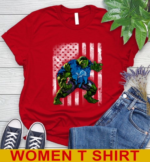 Detroit Lions Hulk Marvel Avengers NFL Football American Flag Women's T-Shirt 11