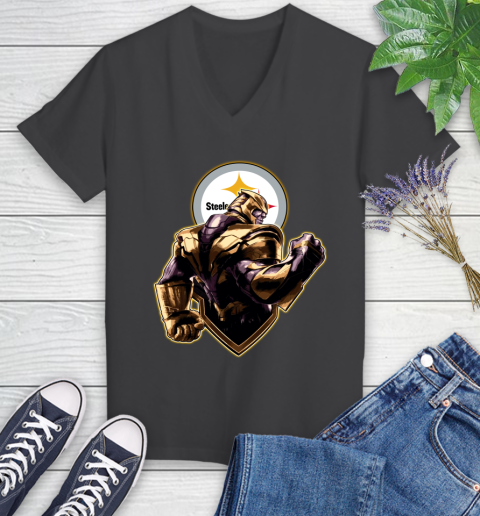 NFL Thanos Avengers Endgame Football Sports Pittsburgh Steelers Women's V-Neck T-Shirt 8