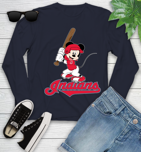 MLB Baseball Cleveland Indians Cheerful Mickey Mouse Shirt Youth Long Sleeve 3