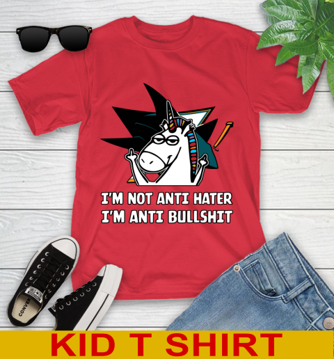 San Jose Sharks NHL Hockey Unicorn I'm Not Anti Hater I'm Anti Bullshit Youth T-Shirt 10