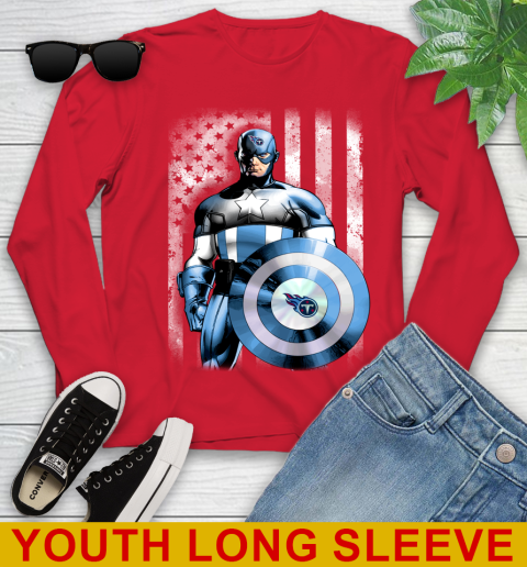 Tennessee Titans NFL Football Captain America Marvel Avengers American Flag Shirt Youth Long Sleeve 11