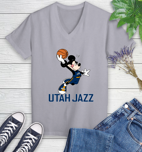 NBA Basketball Utah Jazz Cheerful Mickey Mouse Shirt Women's V-Neck T-Shirt 4