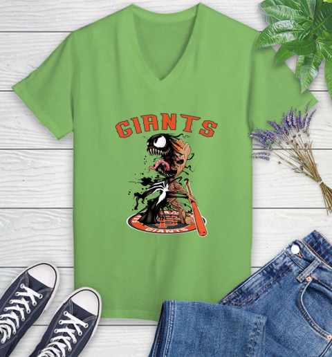 MLB San Francisco Giants Baseball Venom Groot Guardians Of The Galaxy Women's V-Neck T-Shirt 11