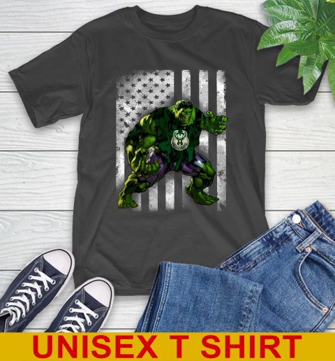 Milwaukee Bucks Hulk Marvel Avengers NBA Basketball American Flag T-Shirt