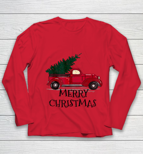 Vintage Red Truck With Merry Christmas Tree Youth Long Sleeve 7